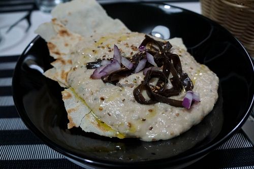 Cannellini bean and chickpea hummus with flatbread. at Logud'Oro in Sassari