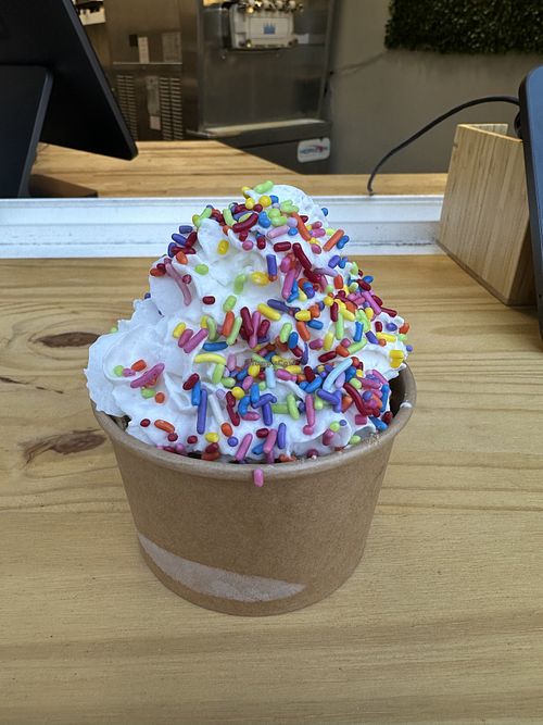 Hot fudge sundae with vanilla soft serve, vegan hot fudge, vegan caramel sauce, waffle cone pieces, chocolate chips, coconut whip and rainbow sprinkles!  at Chill Ice Cream Shop in Rochester