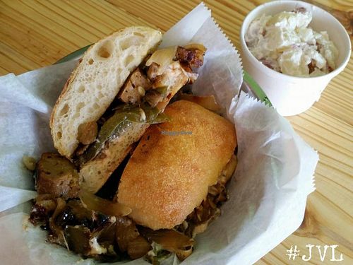 'Sausage and Peppers' on Ciabatta bread with Potato Salad ($6.95)...made with their housemade fennel seitan at Garden Truck in Jacksonville