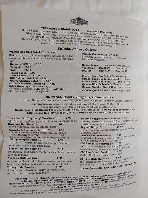 Menu from March 2021 at Bay Naturals Healthy Market & Kitchen in Myrtle Beach