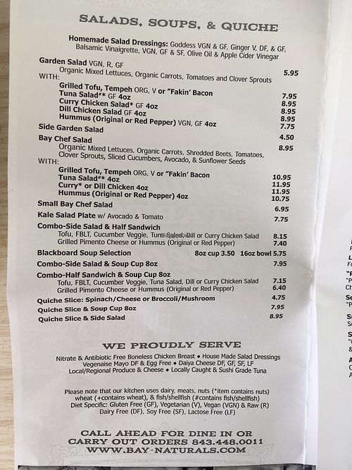 Menu pg 2 at Bay Naturals Healthy Market & Kitchen in Myrtle Beach