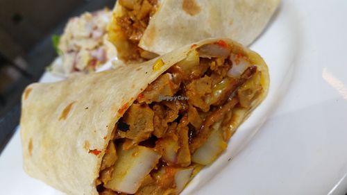 Smokey Potato Wrap and subbed in vegan cheese and added vegan BBQ chicken at Bay Naturals Healthy Market & Kitchen in Myrtle Beach