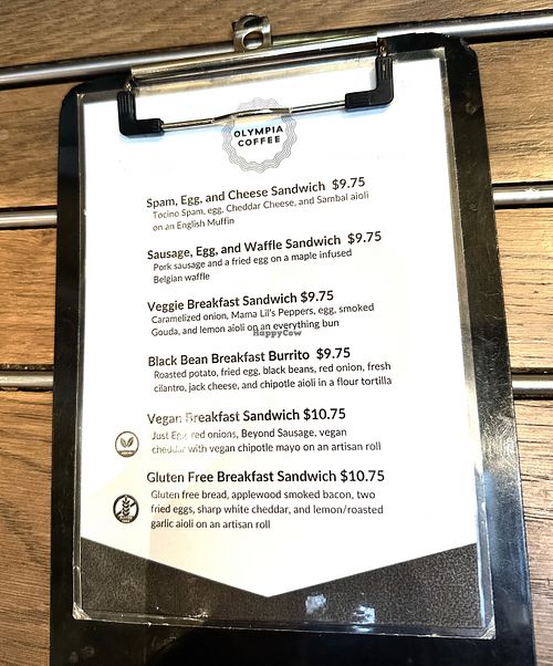 Vegan breakfast sandwich on menu   at Olympia Coffee Roasting in Seattle