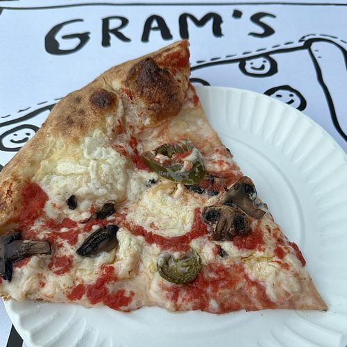 Pizza with Vegan Cheese, Mushrooms, Pickled Onions, and Jalapeños   at gram's pizza in Toronto