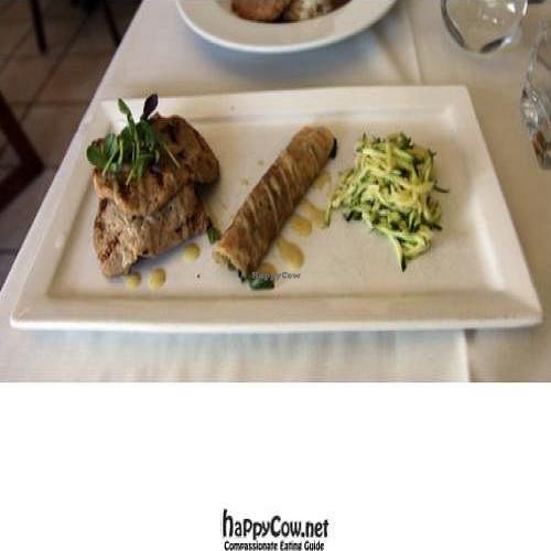 Lemon rosemary seitan, seasonal crepes, rice cake, zucchini saute at Madeleine Bistro in Tarzana