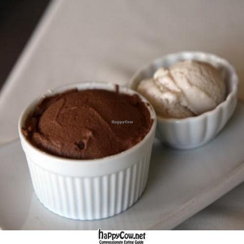 Chocolate souffle, vanilla ice cream at Madeleine Bistro in Tarzana
