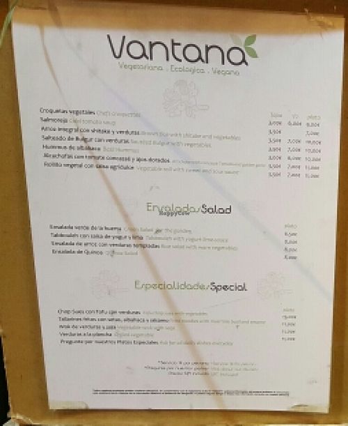 menu at Vantana in Sevilla