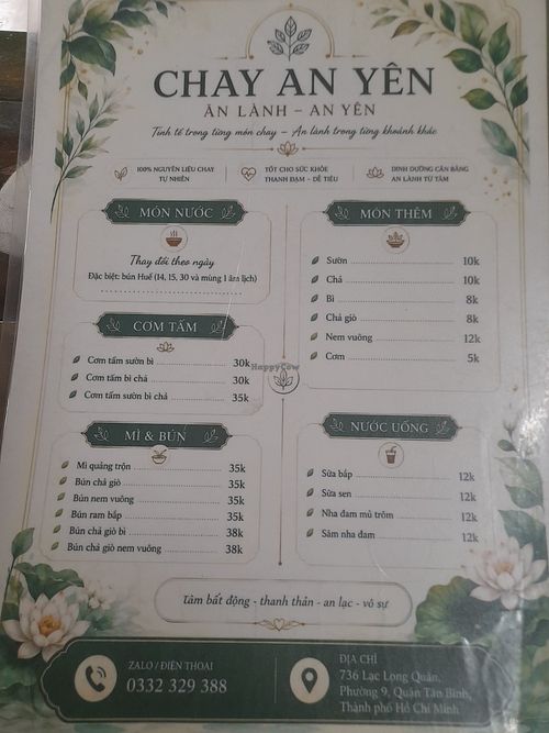 Menu in Vietnamese only at Chay An Yên in Ho Chi Minh City