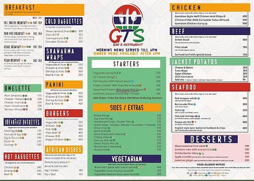Menu with vegan and vegetarian labels at GTS Bar and Restaurant in Serrekunda