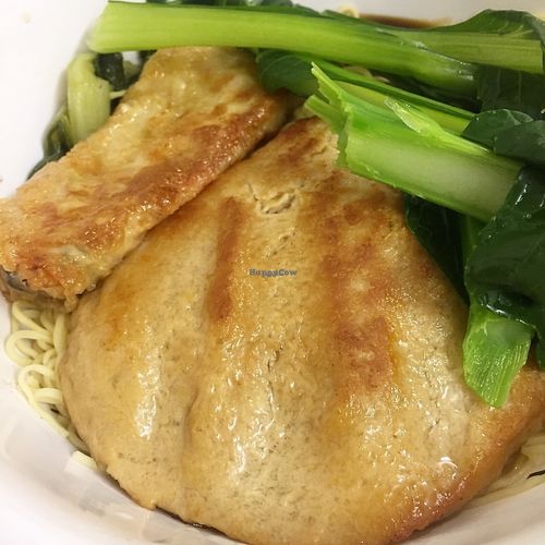 Noodles with veg chicken and bean curd roll at TH Vegetarian in Kowloon