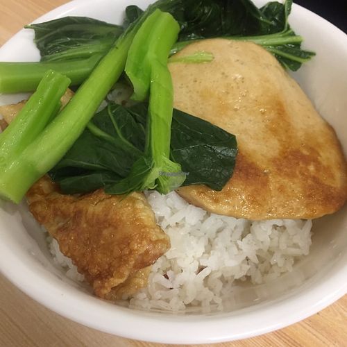 Rice with veg chicken and bean curd roll at TH Vegetarian in Kowloon