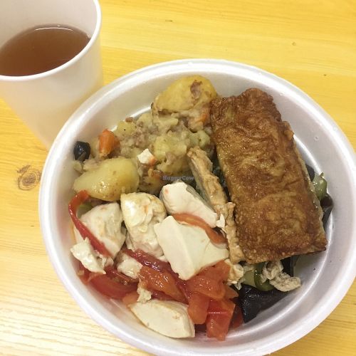 Noodles with bean curd roll, tofu, tomato, potato and veggie at TH Vegetarian in Kowloon