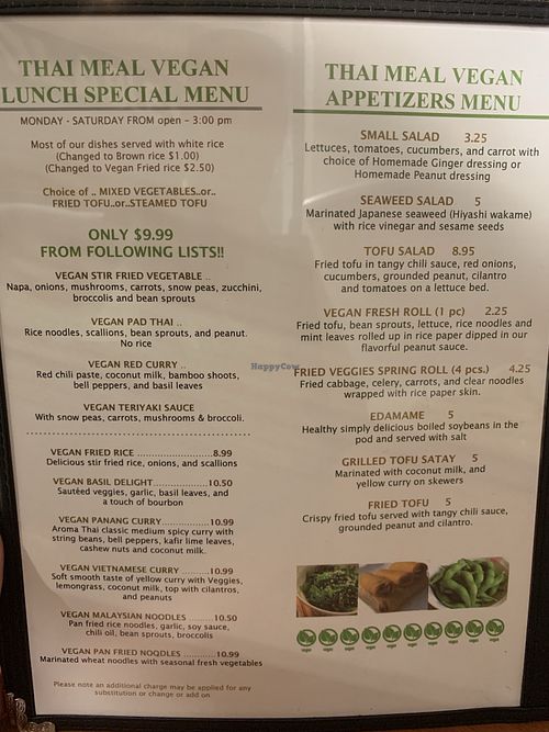 Vegan Lunch & Appetizer Menu at Thai Meal in Plantation