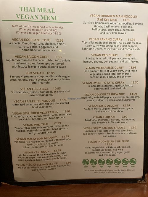 Vegan Menu at Thai Meal in Plantation
