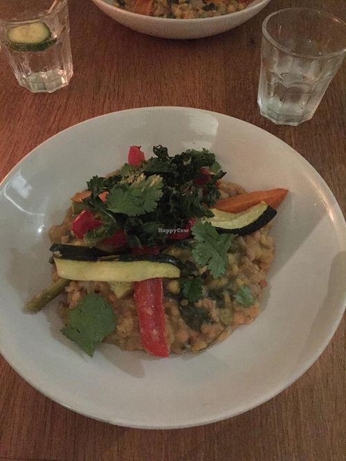 Vegan Garlic Lentils with Roasted Vegetables and Crispy Kale at Black Bear Cafe in Belfast