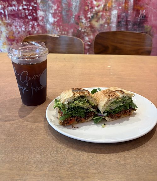Iced coffee and vegan short rib sandwichh  at George Howell Coffee in Boston