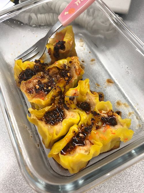 ShaoMai (with my own grass box and chili oil :)))))) at Affinity Vegetarian in Kowloon