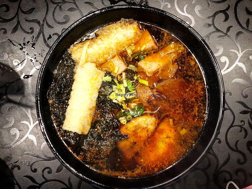 Ma La Spicy noodles with deep fried bean curd rolls, seaweed, vegan spam at So Yuet Hin 素悅軒 in New Territories