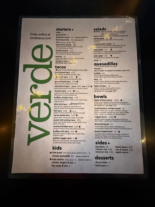 Menu at Verde Taqueria in Brookhaven