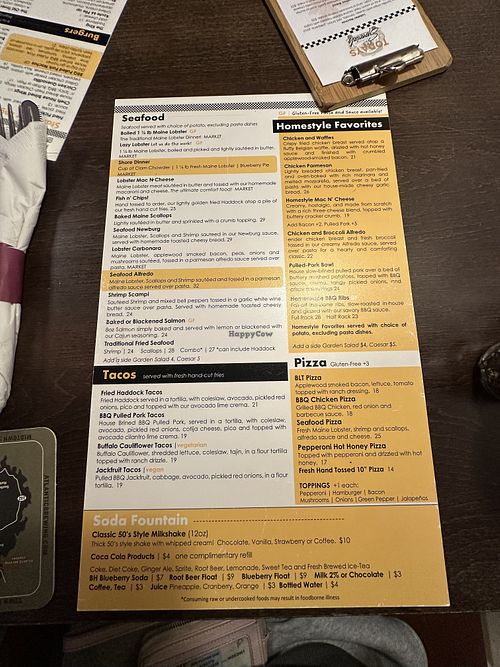 Menu that shows clearly labeled vegan items (YAY!)  at Route 66 Restaurant in Bar Harbor