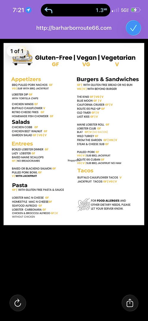 Vegan / Vegetarian menu I found on their site  at Route 66 Restaurant in Bar Harbor