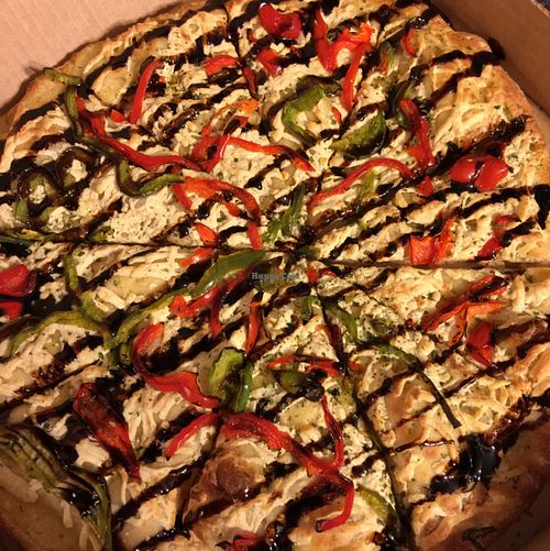 Daiya cheese with garlic white sauce, bell peppers and balsamic glaze.  at SOL Pie Pizza in North Canton