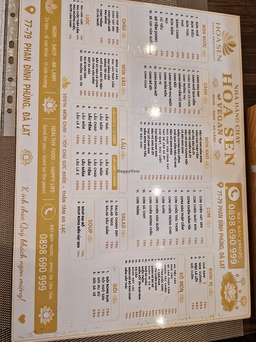 menu at Nhà Hàng Chay Hoa Sen in Da Lat