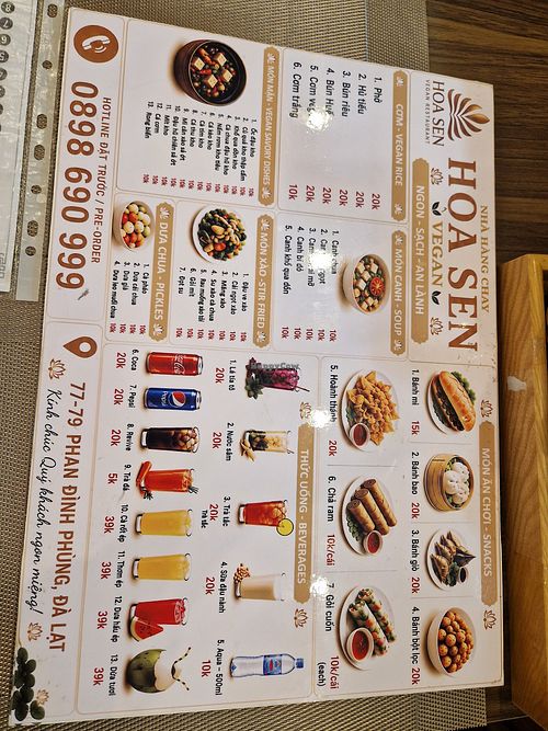 menu at Nhà Hàng Chay Hoa Sen in Da Lat