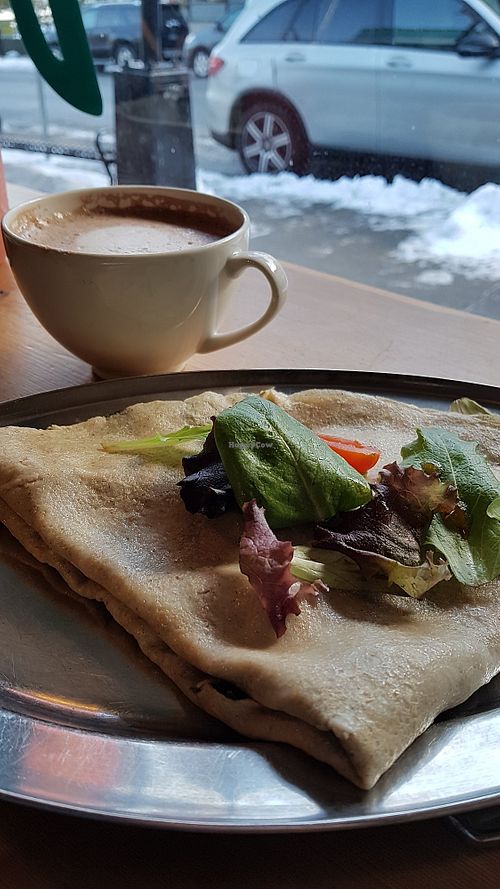 Vegan Forage Crepe and almond milk hot chocolate at Bluhouse Market and Cafe in North Vancouver