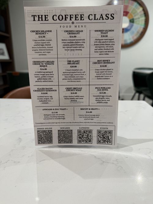 Food menu, many can be vegan and gluten-free  at The Coffee Class Village Square in Las Vegas