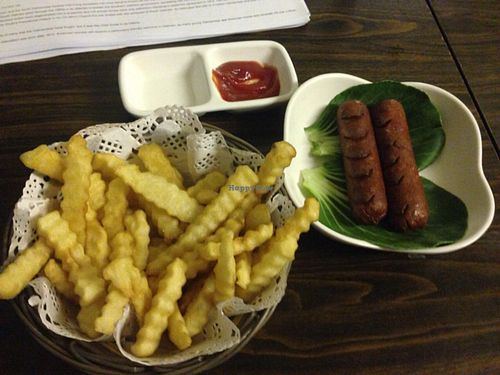 Fries and vegetarian sausage at Refreshing Vegetarian Food in Guangzhou