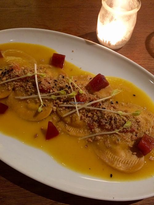 Vegan ravioli stuffed with sweet potato and pumpkin & topped with a nutty vegan 
"parmesan" at Flax & Kale - Placa Castella in Barcelona