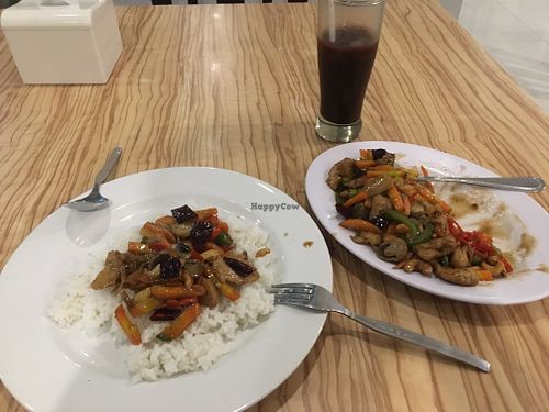 Sweet n sour veg with soy meat, rice, and iced chocolate at Ahimsa Vegan Lounge in Surabaya