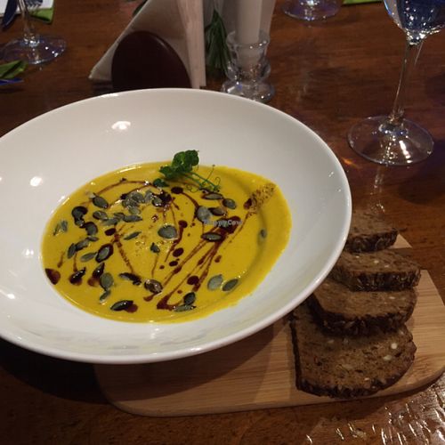 vegan pumpkin soup (highly recommend) at Green Pumpkin in Riga