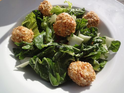 Paksoi salad with peanut balls.  at Green Pumpkin in Riga