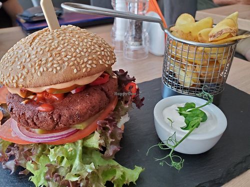 Spicy red bean burger at Green Pumpkin in Riga