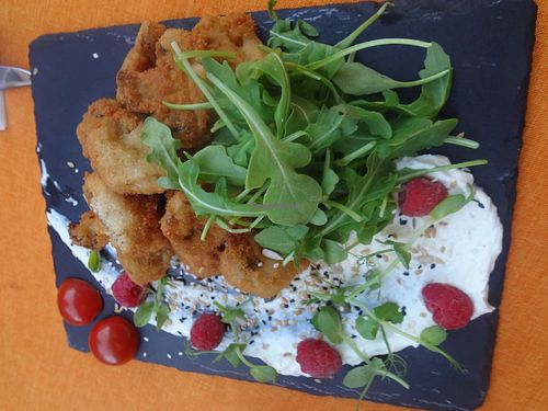 Breded mushrooms, vegan garlic-cream sauce at Green Pumpkin in Riga