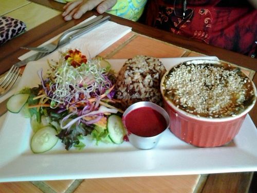 Roots and spinach gratin, whole grain rice and salad. at Org Bistro in Rio De Janeiro