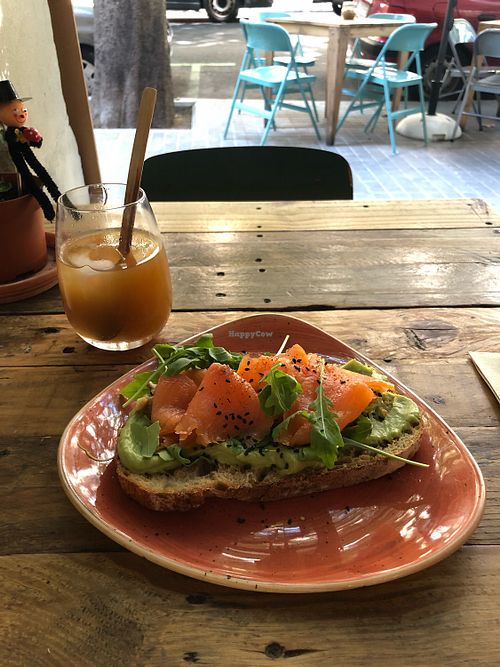 Ginger lemonade and avo toast with salmon! Amazing!!!!! at The Juice House in Barcelona