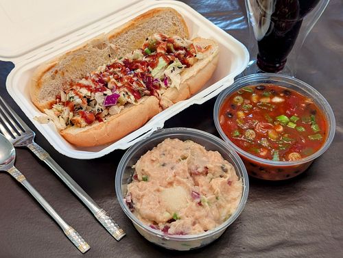 Delivery, All Vegan: Smoked Tempeh Sandwich, Black Bean Chili, Potato Salad at BBQ4Life in Boise