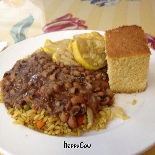 black eyes peas, rice, squash and cornbread! at Soul Vegetarian in Tallahassee