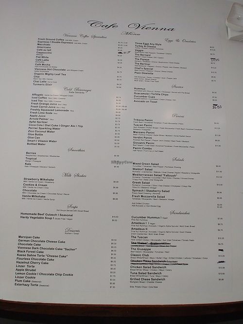Menu at Cafe Vienna in Princeton