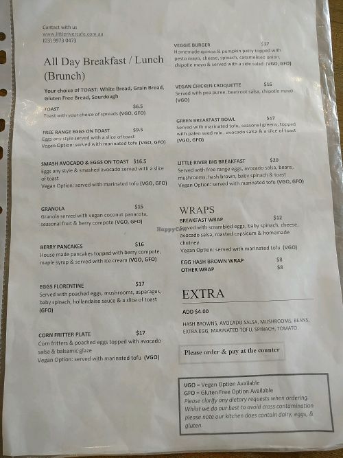 2017 menu at Little River in Brunswick
