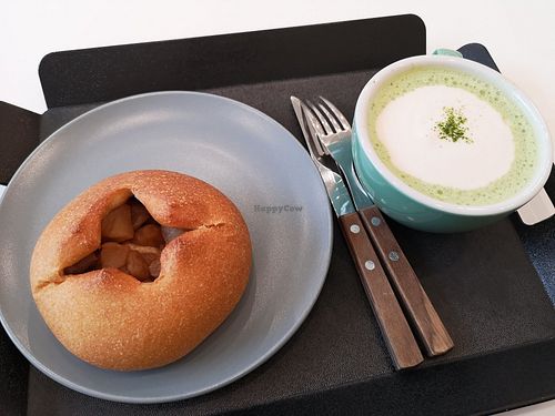 Whole wheat apple bread & green tea latte at The Bread Blue - Nogosan in Seoul
