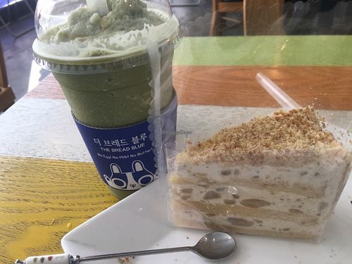 Green tea frappucino with sweet potato cake! at The Bread Blue - Nogosan in Seoul