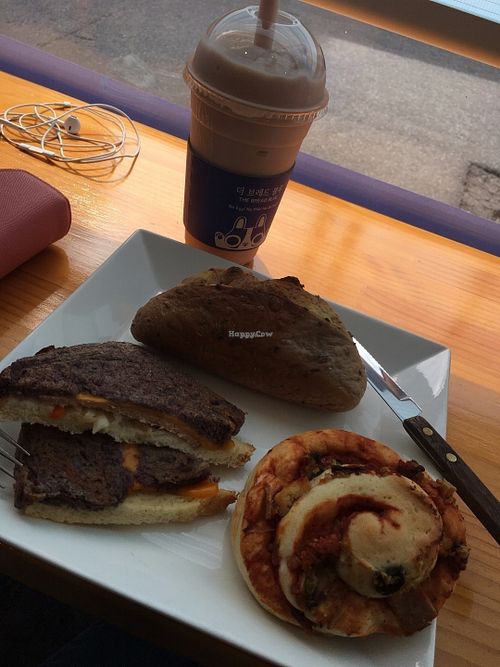 Strawberry yogurt smoothie. Sweet potato baguette. ham and cheese bread. pizza bread. at The Bread Blue - Nogosan in Seoul