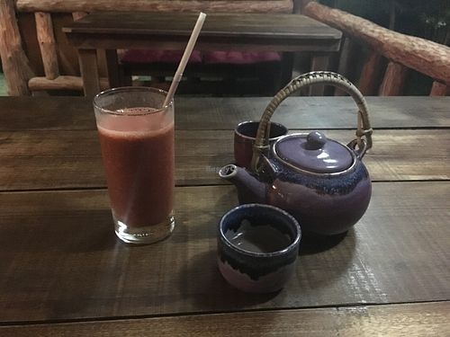 Goji berry,wheat grass,strawberry juice at Akasha Home Restaurant in Koh Phangan