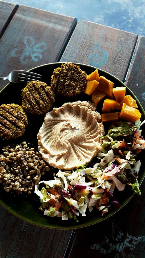 Falafel and hummus plate with extra pumpkin at Akasha Home Restaurant in Koh Phangan
