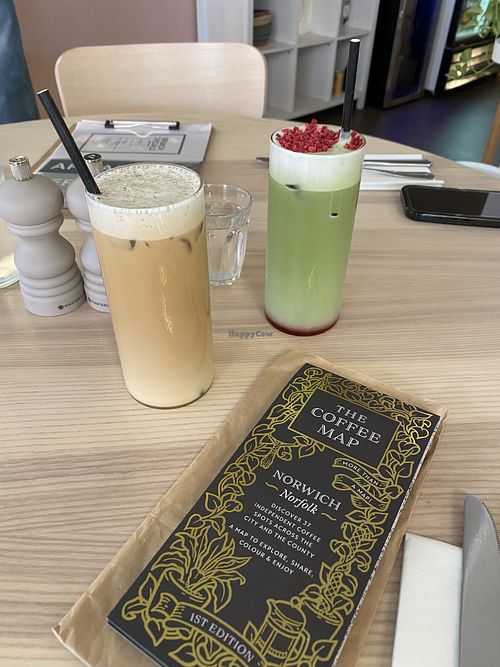 Vanilla iced oat latte & iced oat raspberry matcha  at The Lions' Den City Cafe in Norwich