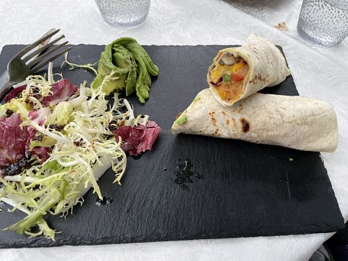 Burritos with veg and portobello mushroom with salad - my choice of main as part of set lunch  at Lee Ocarina Cafe in Outlying Islands